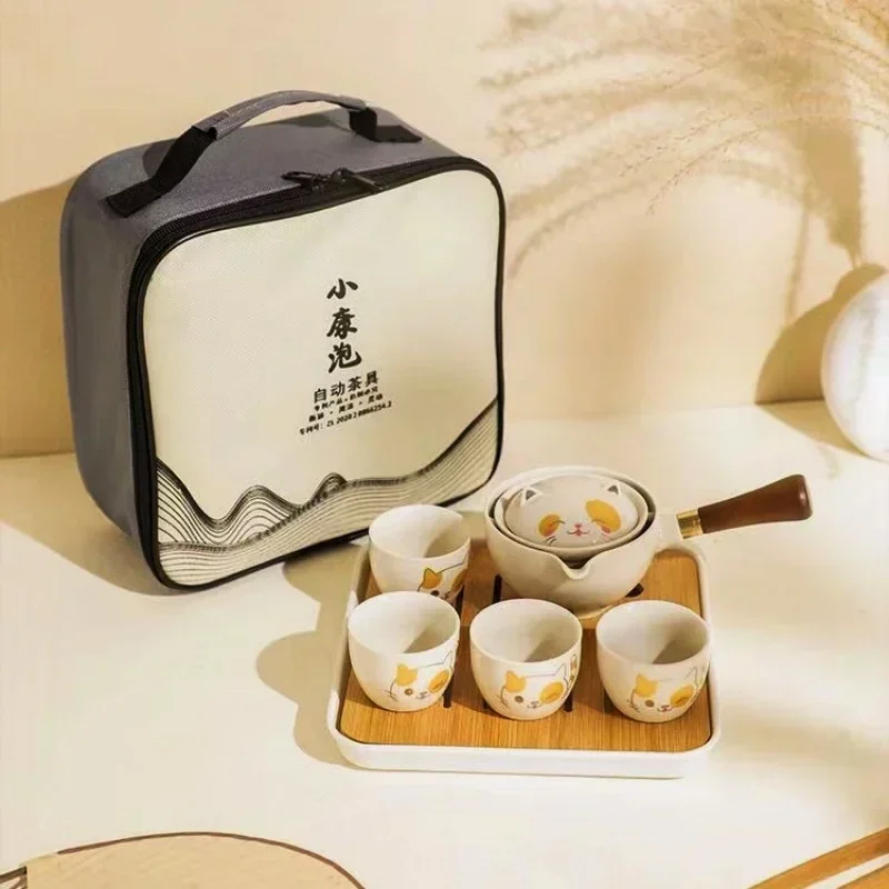 Portable Travel Tea Set Ceramic Lazy Tea Brewing Tool Creative Rotatable Teapot Outdoor Travel Camping Retro Coffee Supplies