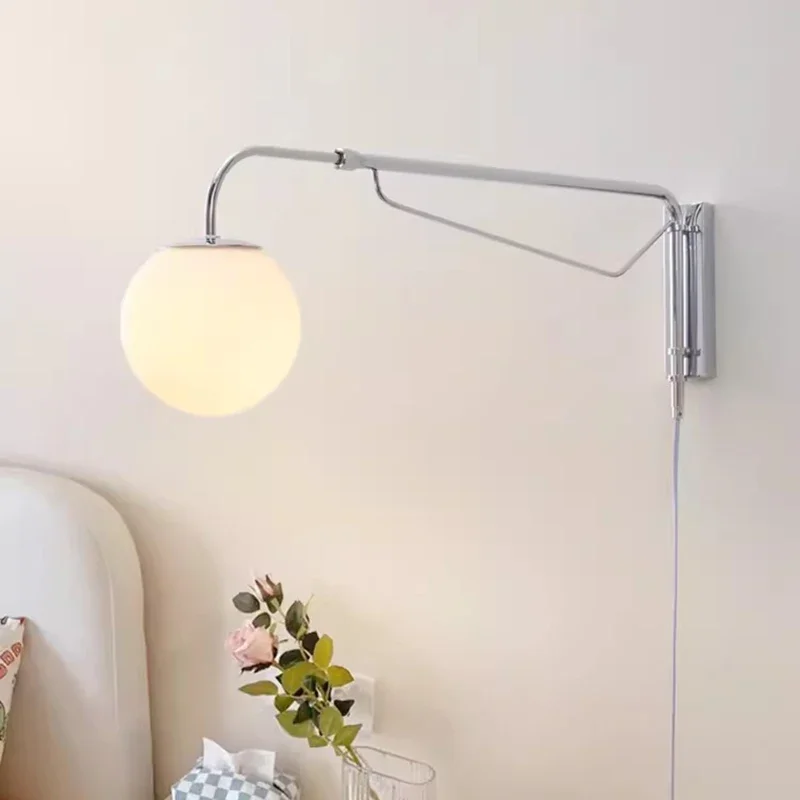 LED Wall Light  Chrome Long Pole Rocker Arm Wall Lamps Rotatable Arm Lamp Minimalist Bedroom Living Room