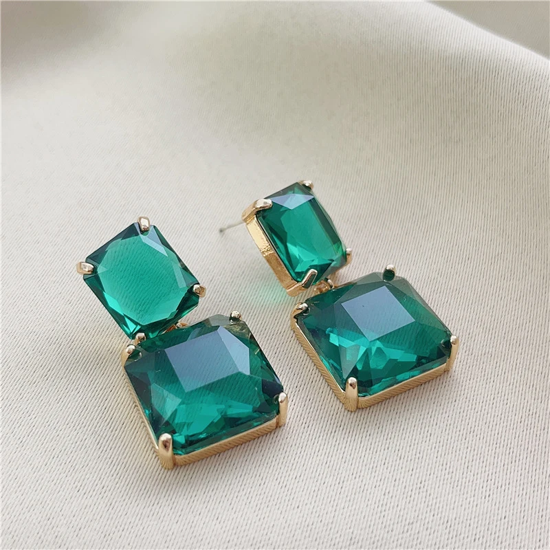 Square Metal Green Crystal Glass Dangle Post Earrings For Women Fashion Jewelry Elegant Party Accessories Fancy New Styles C1689