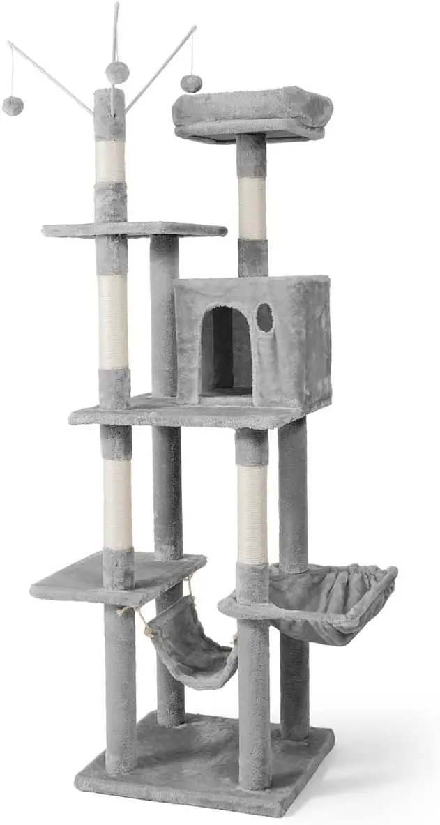 

70-Inch Activity Tree with Hammock, Multi-Level Modern Cat Climbing Play Tower w Tall Top Perch, Cat Cave Condo