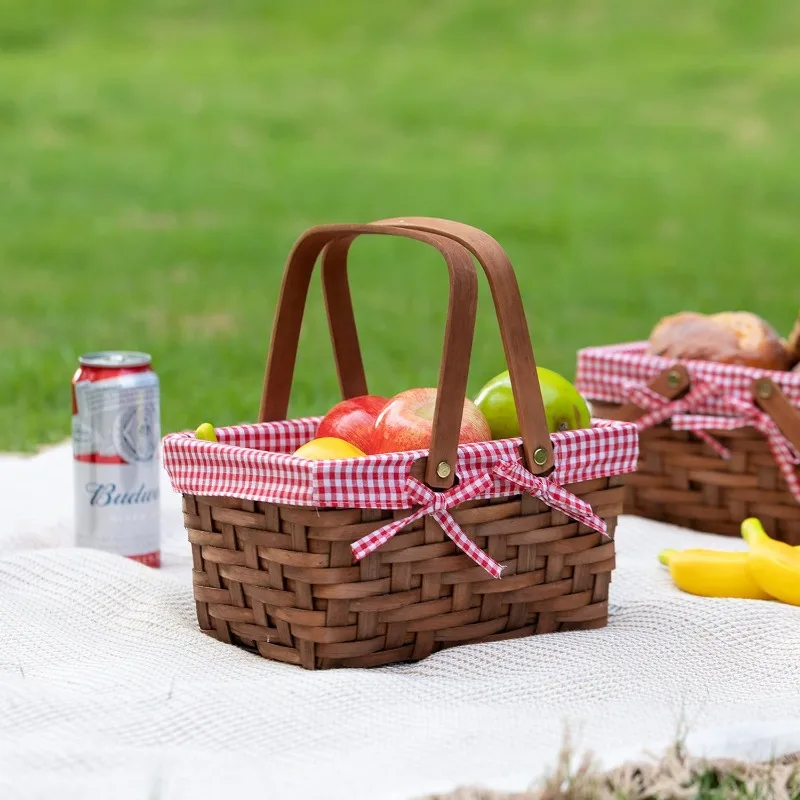

Woodchip Picnic Baskets with Double Folding Handles, Natural Hand-Woven Basket Lined with Gingham Red and White Lining