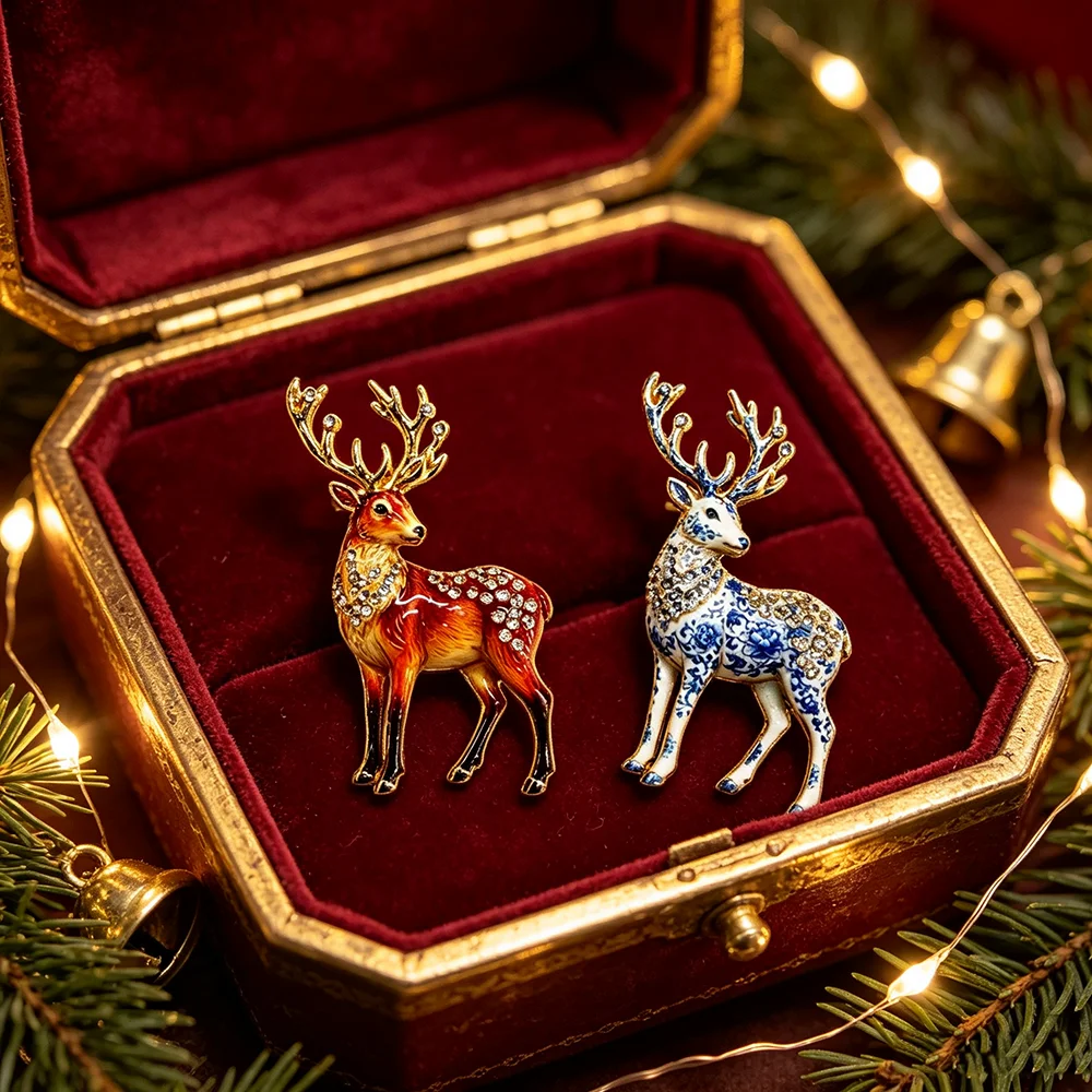 Vintage Emaille Hirsch-Brosche Strass Sika-Rentier Anstecknadel Weihnachts-Tier-Abzeichen Damen Anzug Schal Mantel Mode-Schmuck Geschenk – Detail 2