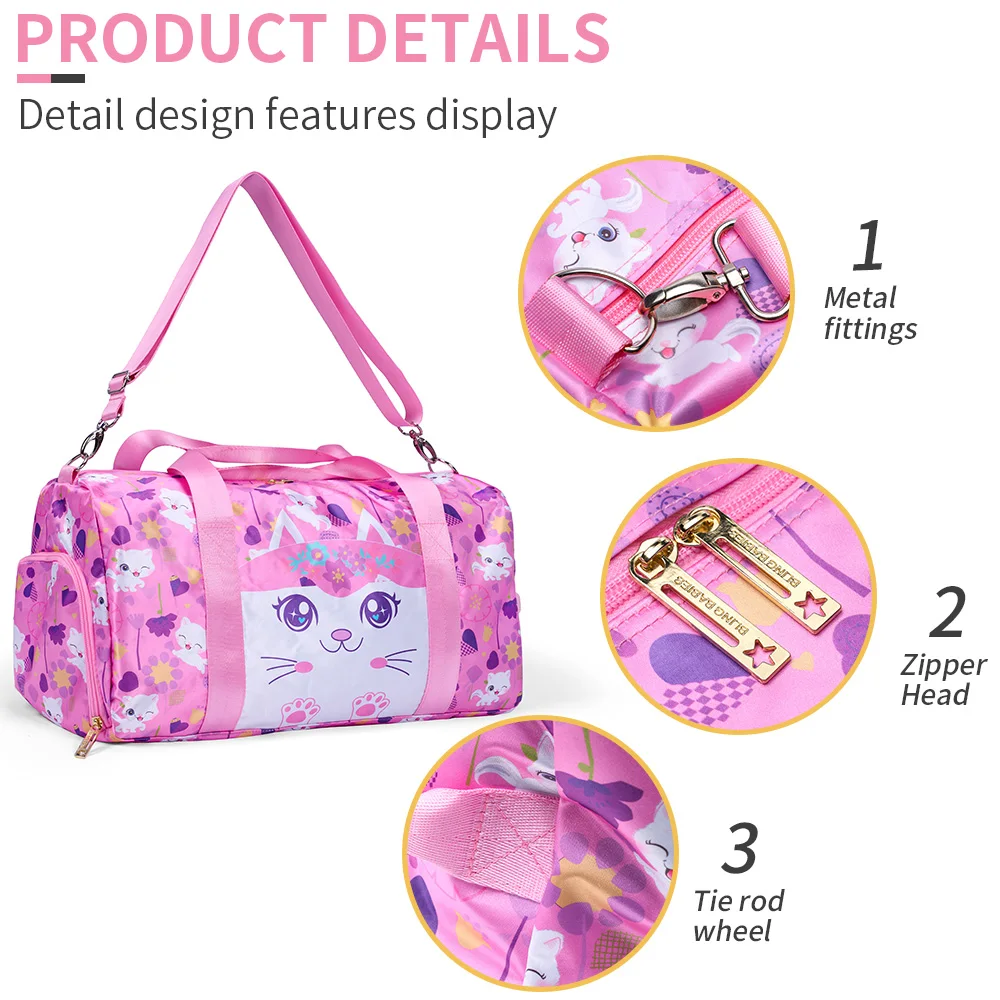 BLING BABIES Cat-themed girl ballet bag, children\'s duffel bag and gym bag, pink travel dance bag with shoe compartments.