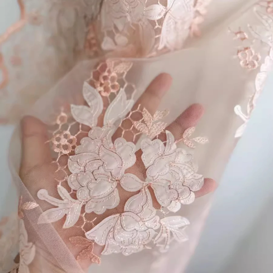 1yard High quality mesh fabrics Light pink orange three-dimensional embroidery tissus Dress skirt dress accessories material