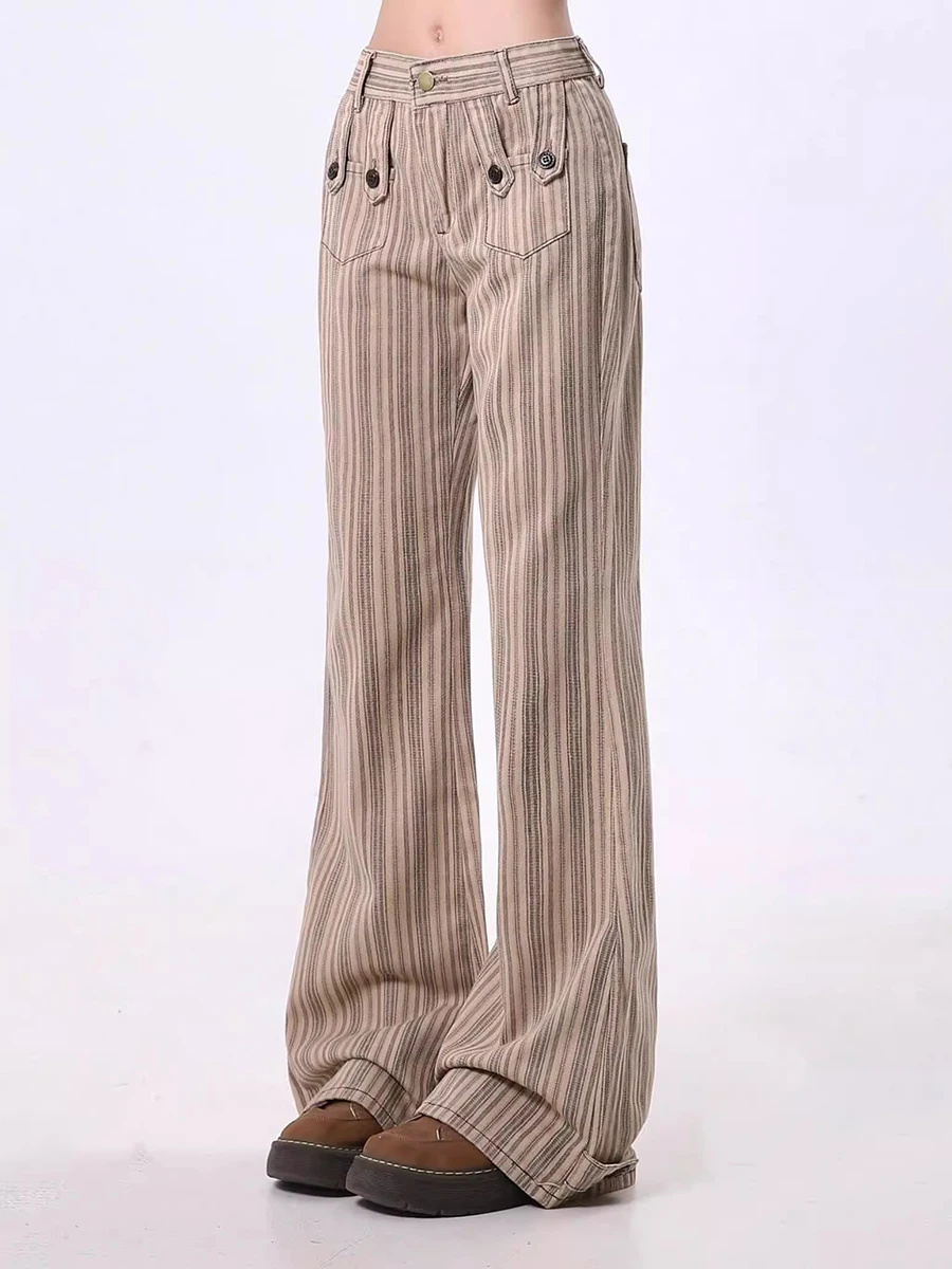 REDDACHiC Khaki Striped Bootcut Pants Women Bell Bottoms Vintage Y2k Low Rise Wide Leg Flare Jeans Trousers Korean Streetwear