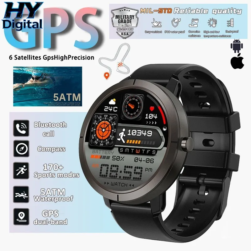 

HY Digital Smart Watch GPS 6-Satellites 1.32” HD AMOLED Display Built-in GPS Bluetooth Call Sports 5ATM Waterproof Smartwatch
