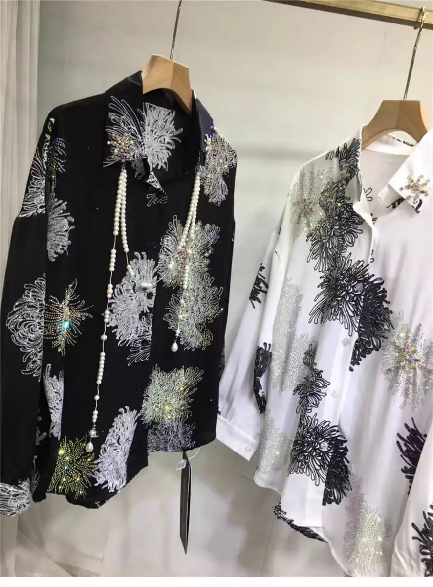 

Luxury Style Sparkle Rhinestones Women Spring Summer Loose Casual Black White Shirts Blouses Outerwear Tops Woman Clothing
