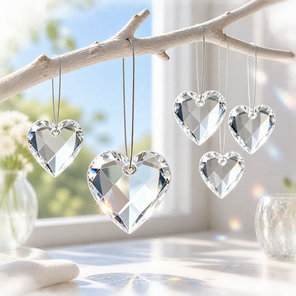 5pcs 30mm Romantic Heart Suncatcher Crystal Prism Chandelier Lamp Parts Rainbow Sparkle Hanging Pendant Valentine Wedding Decor