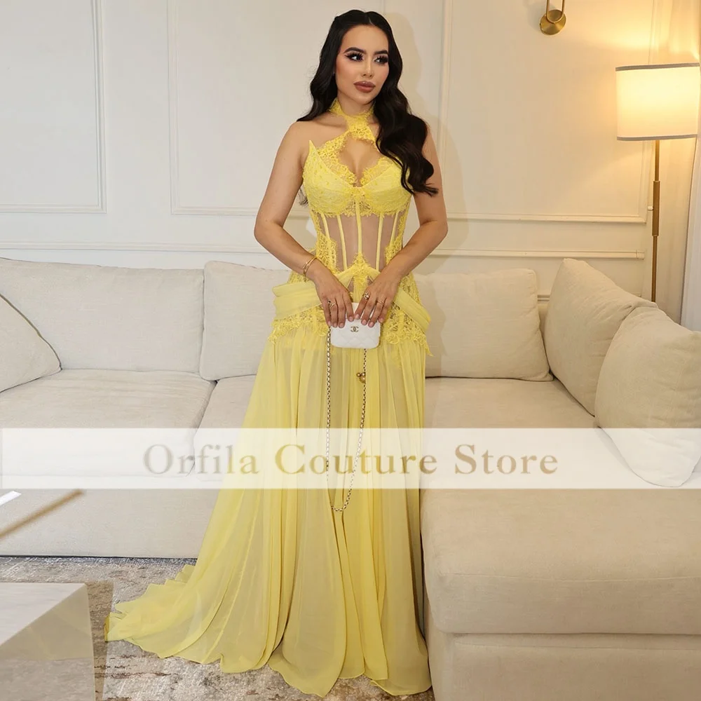 Luxury Yellow Prom Dresses Long 2026 Halter Lace Chiffon Evening Gowns Birthday Party Wedding Party Gown Customized