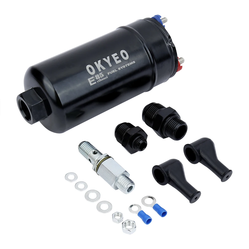 OKYEO New EFI 380LPH 1000HP  Inline External Fuel Pump 10AN Inlet + Check Vavle 6AN Outlet E85 Compatible Compatible 044 style