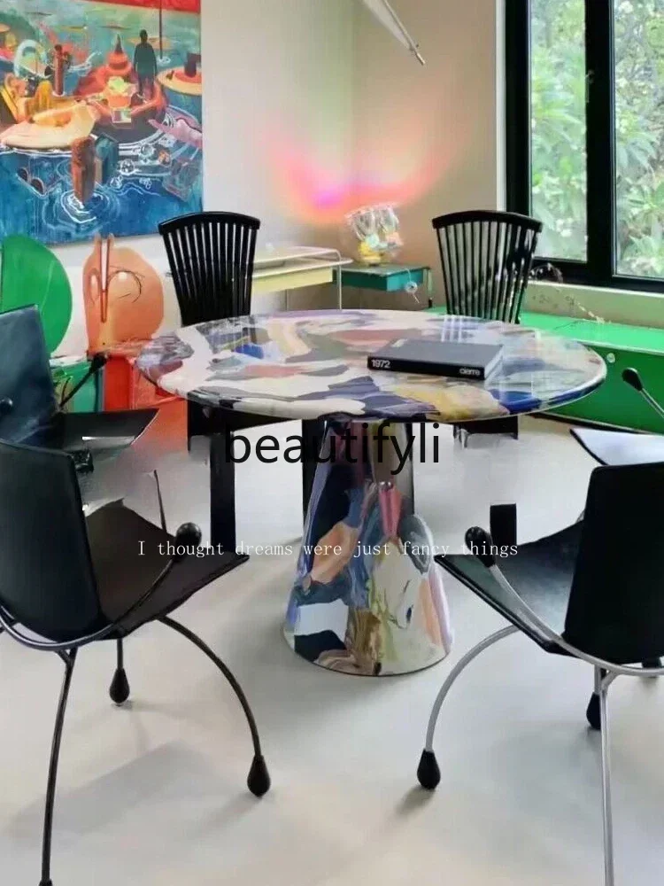 

yj32 Medieval designer artwork hand-painted casual round dining table simple painted oil painting table