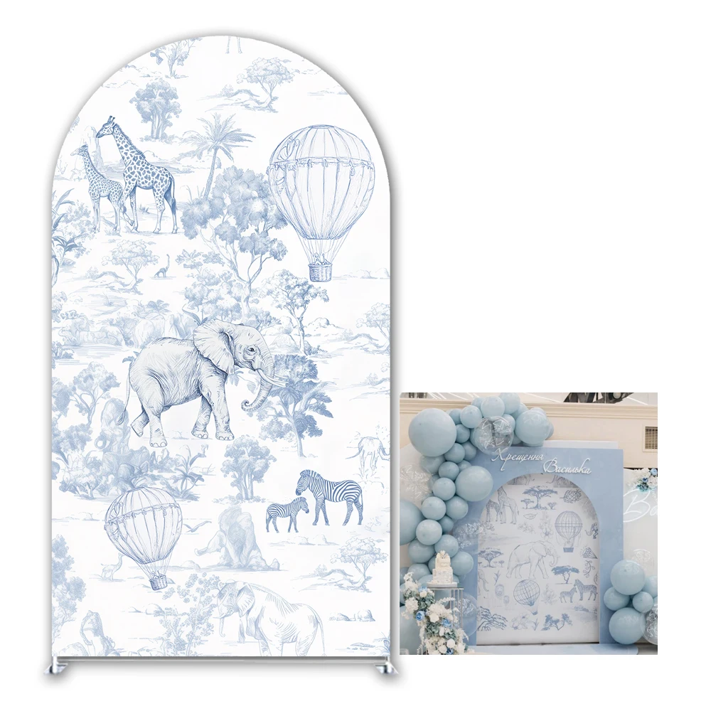 

Blue Toile de Jouy Arched Backdrop Cover Safari Jungle Arch Stand Fabric Cover for Birthday Travel Adventure Party Decoration