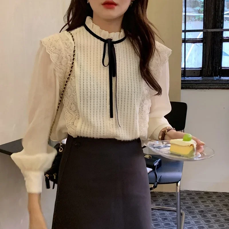 Sweet Crochet Lace Shirt Women's Shirt 2022 New Spring/Autumn Chic Fashion Stand-up Collar Ladies Top Bottoming Shirt EGirl Y2k