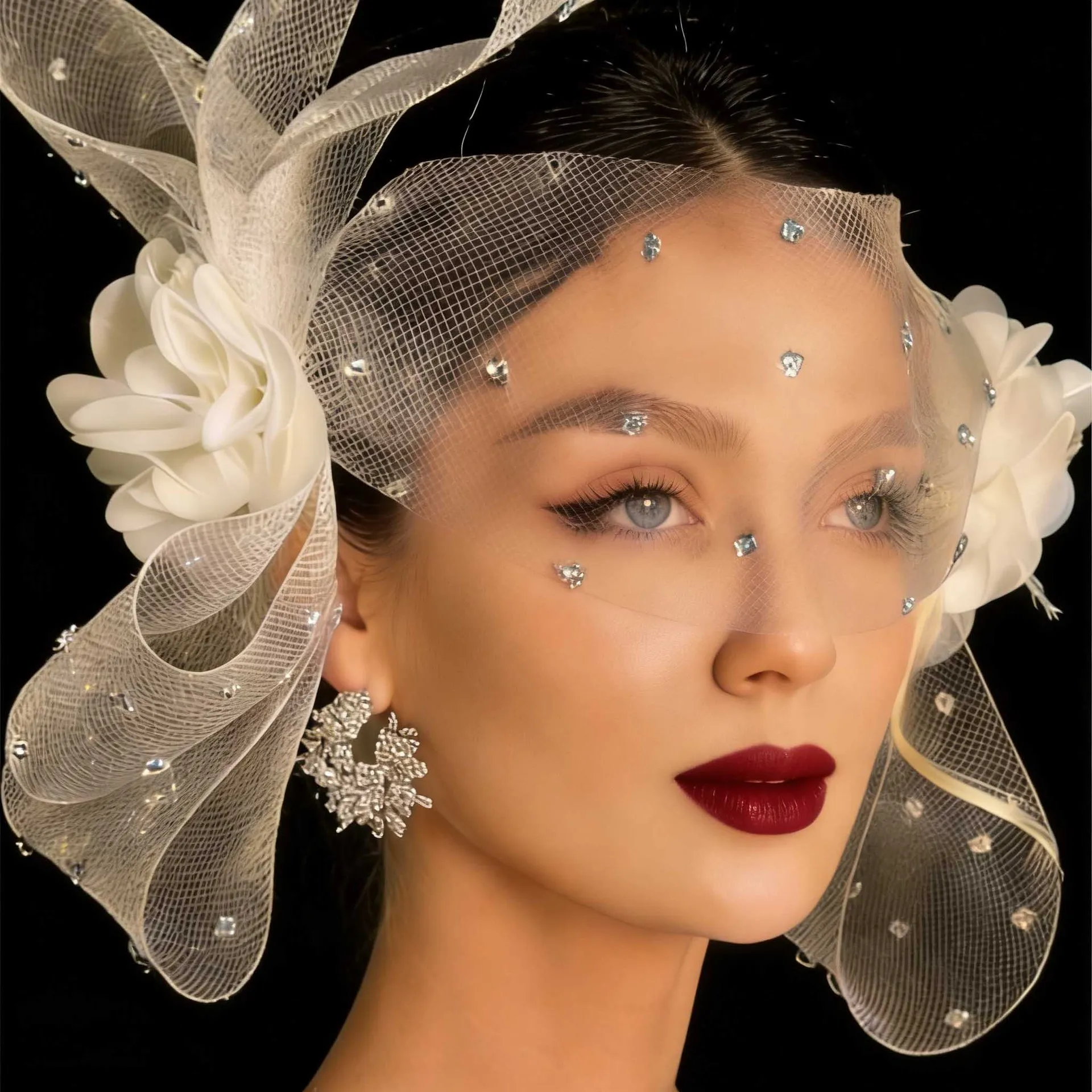 Fashion Stereo Flower Mesh Headwear Bridal Prom Hairpin Veil Head Flower Horse Racing Hair Accessories New Year Veil Short