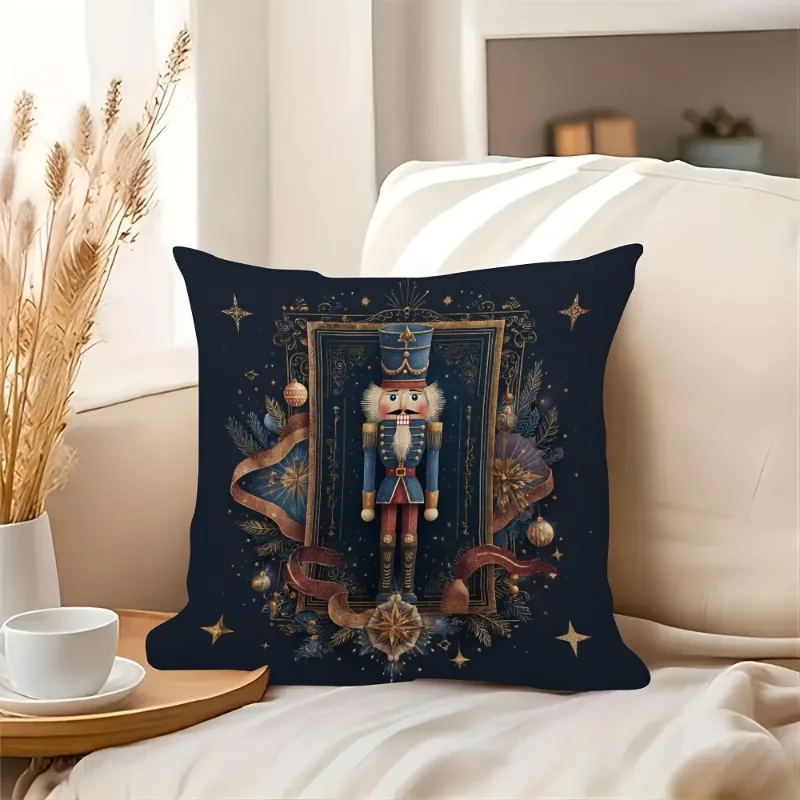 Double-Sided Vintage Christmas Nutcracker Penguin Printed Pillow Cover Elegant Navy Blue Gold Cushion Case for Sofa Decor