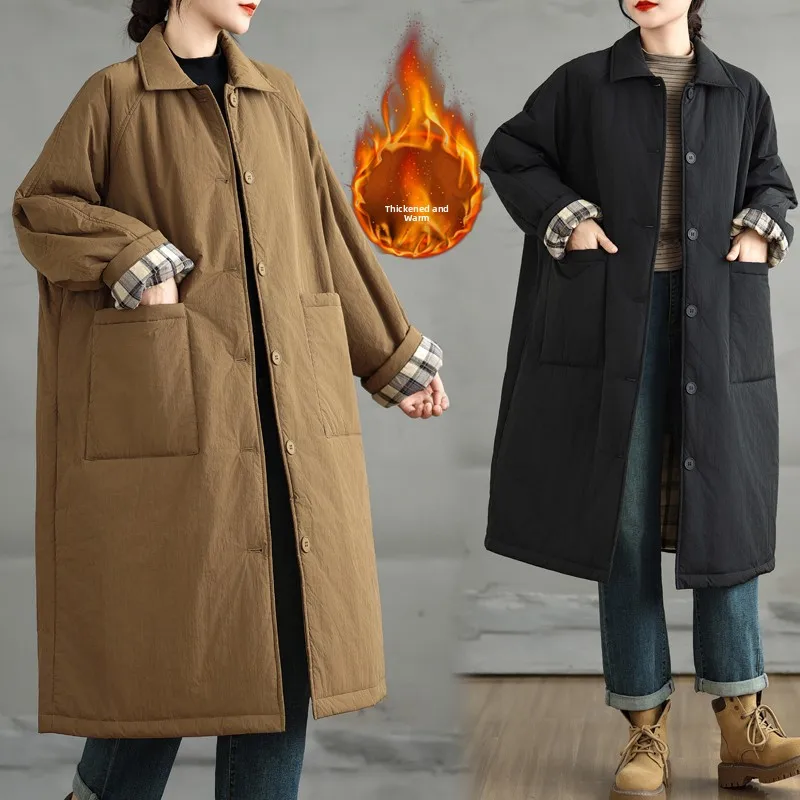 

Женская зимняя верхняя одежда из хлопка Thiened Jaet средней длины больших размеров для похудения Faion Commute Sle Long Sve на пуговицах