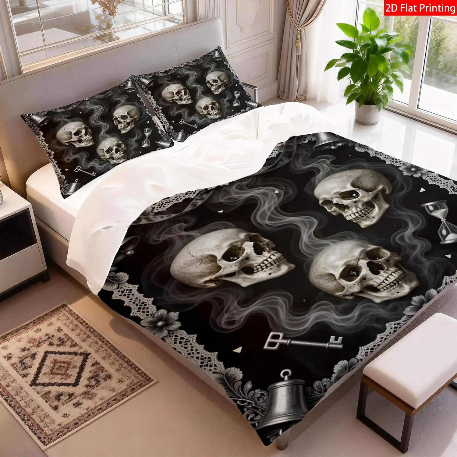 Soft Duvet Cover Set, Printed Duvet Cover Set, Gothic Halloween Bedding with Flat Print, Black Skull Design, Suitable for All Seasons, Machine Washable, Invisible Zipper, Large Duvet Cover Set, Bedding Set, Quilt Cover