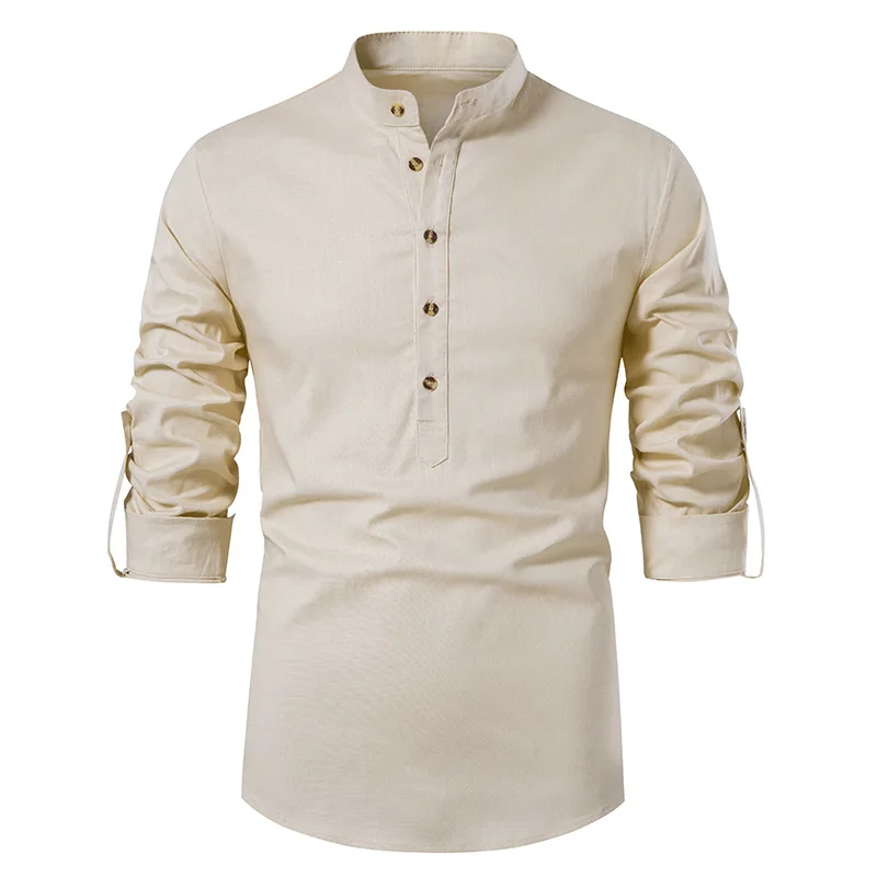 Camisa blanca de algodón y lino para hombre, camisa de vestir con cuello mandarín enrollado, Henley, informal de negocios, 2024