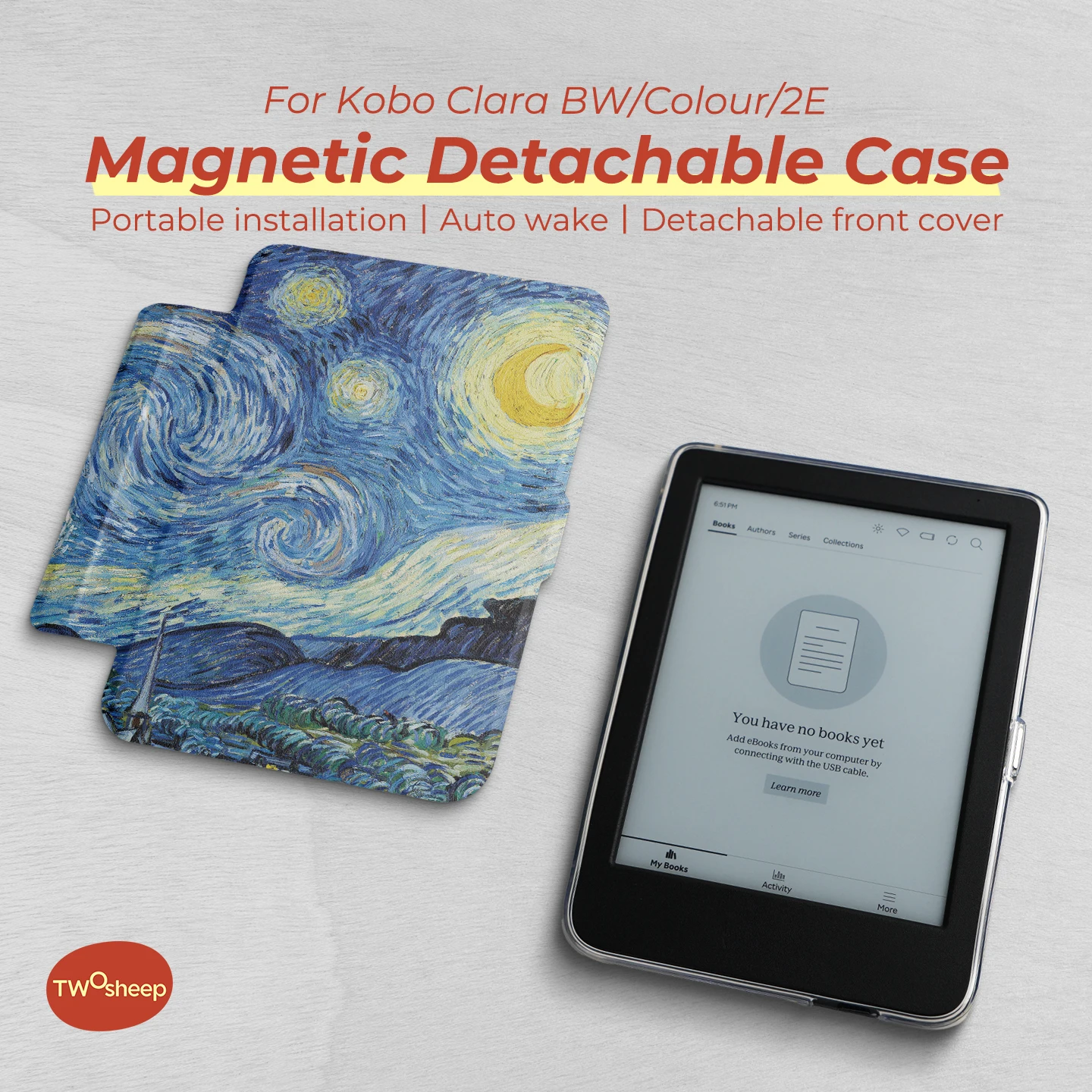 Twosheep Magnetic Detachable Cover for Kobo Clara BW Clara Colour Clara 2E 6inch with Clear Back Case Classic Oil Painting Style