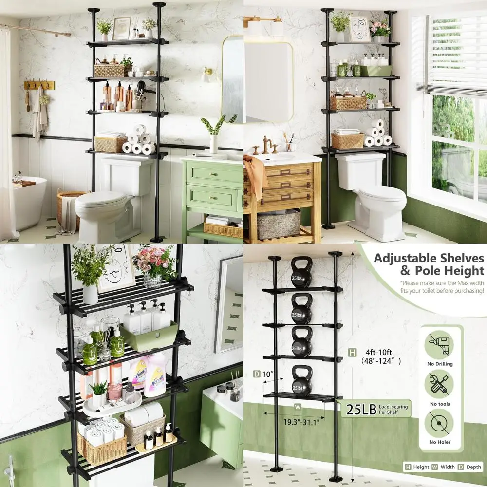 

Space-Saving 4-Tier Tension Mounted Over Toilet Storage Shelf, Adjustable Bathroom Organizer, Black