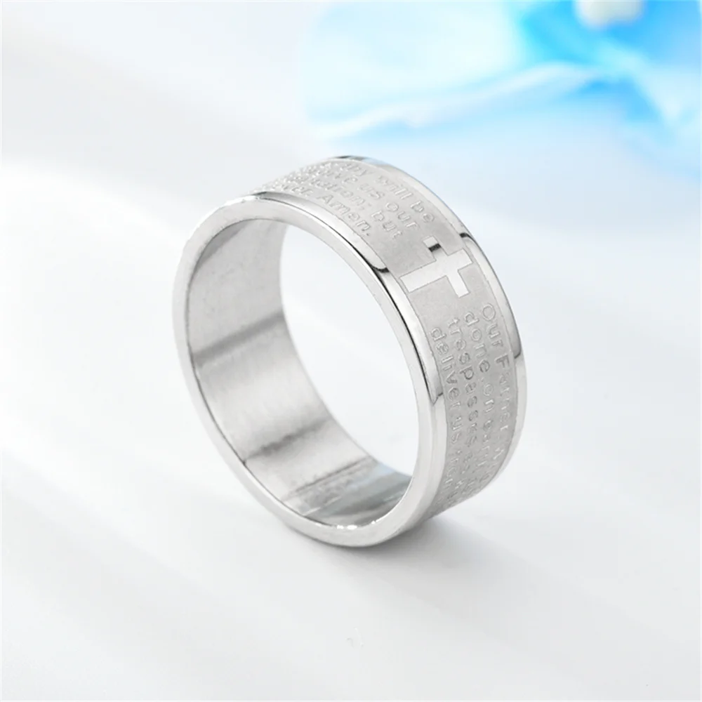 Punk Scriptural Bible Cross Ring 8mm Silver Color Stainless Steel Christian Prayer Ring for Men Women Religious Jewelry Gift