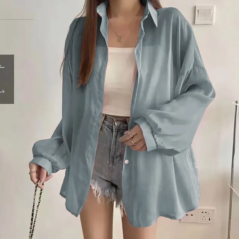 Women Casual Loose Chiffon Shirts Thin Long Sleeved Shirt Lady Sunscreen Female Transparent Blouses 2024 Summer Beach Clothing