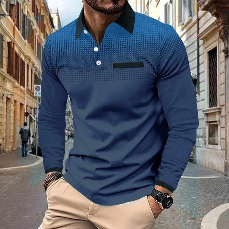 Gradient Color Autumn Men's Long Sleeved Polo Shirt Design, Fashionable Men's Top T-shirt Item