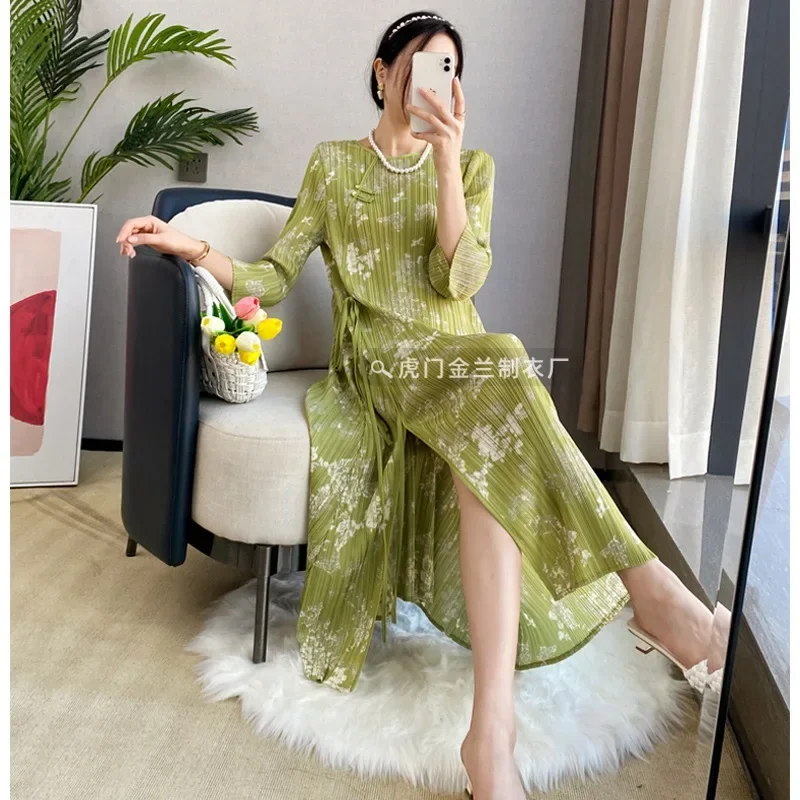 

Pleats Pleated Original Dresses Senior Sense Retro Dresses Women Printing Mom Dress Plate Buckle New Improved Cheongsam Dresses