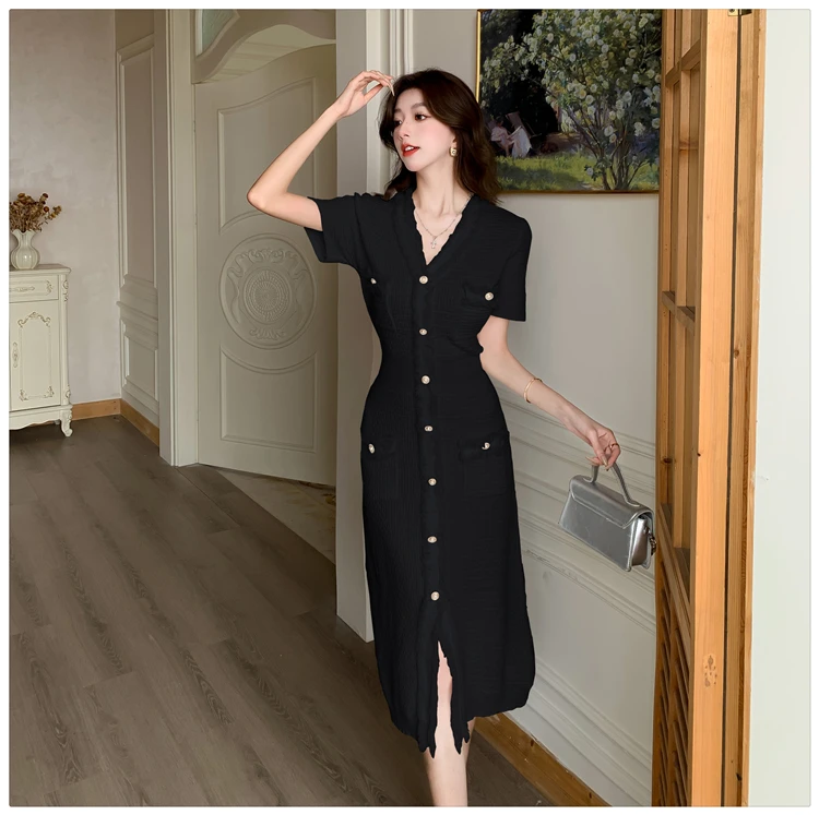 Elegant Slim Knit Bodycon Dress Women 2024 Summer Short Sleeve V-neck Single-breasted Long Dresses Solid Stylish Vintage Vestido