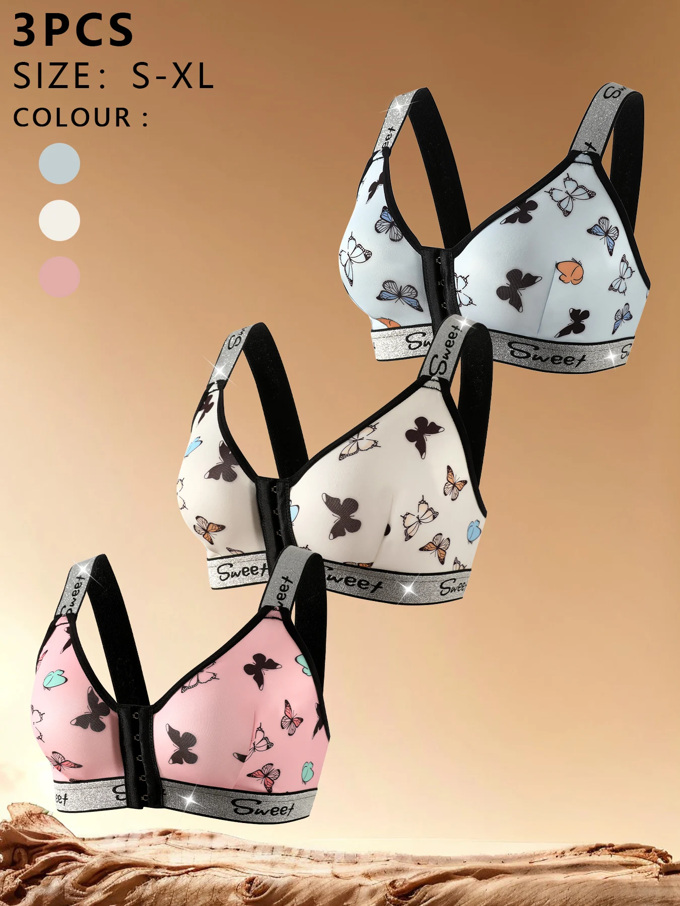 3-teiliges Damen-Unterwäsche-Set, mehrfarbiger BH mit Vorderverschluss