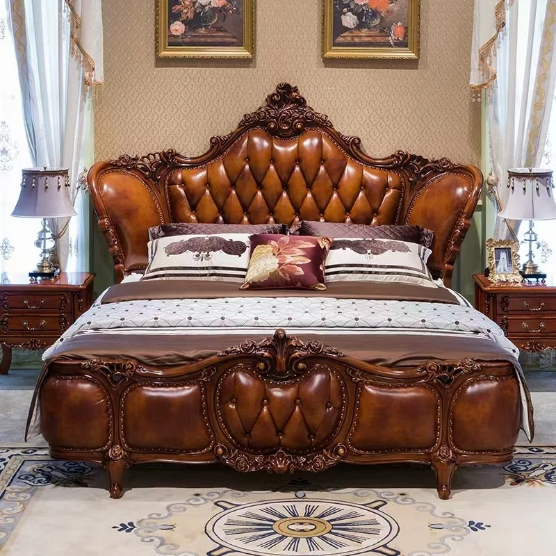 

For Classic Queen king Size Bedroom Bed Furniture Set European Carved Solid Wooden Frame Full Leather Upholstered Double Bed