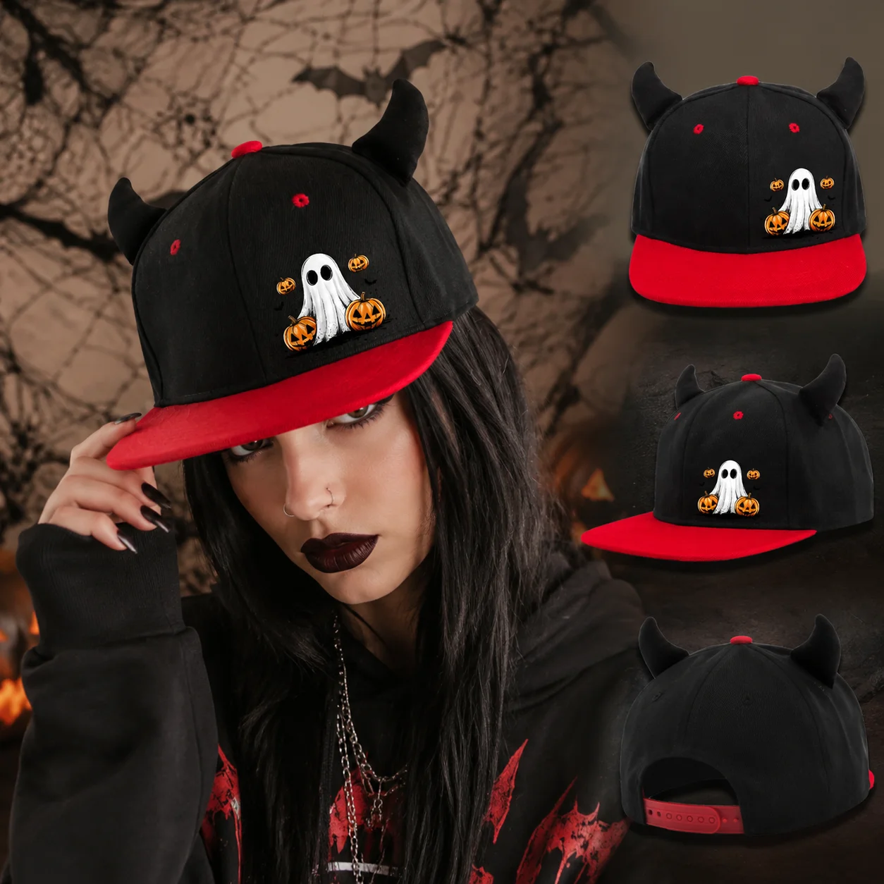 Halloween Devil's Corner baseball cap with pumpkin print, flat edge snap on hat, men's and women's funny costume hats