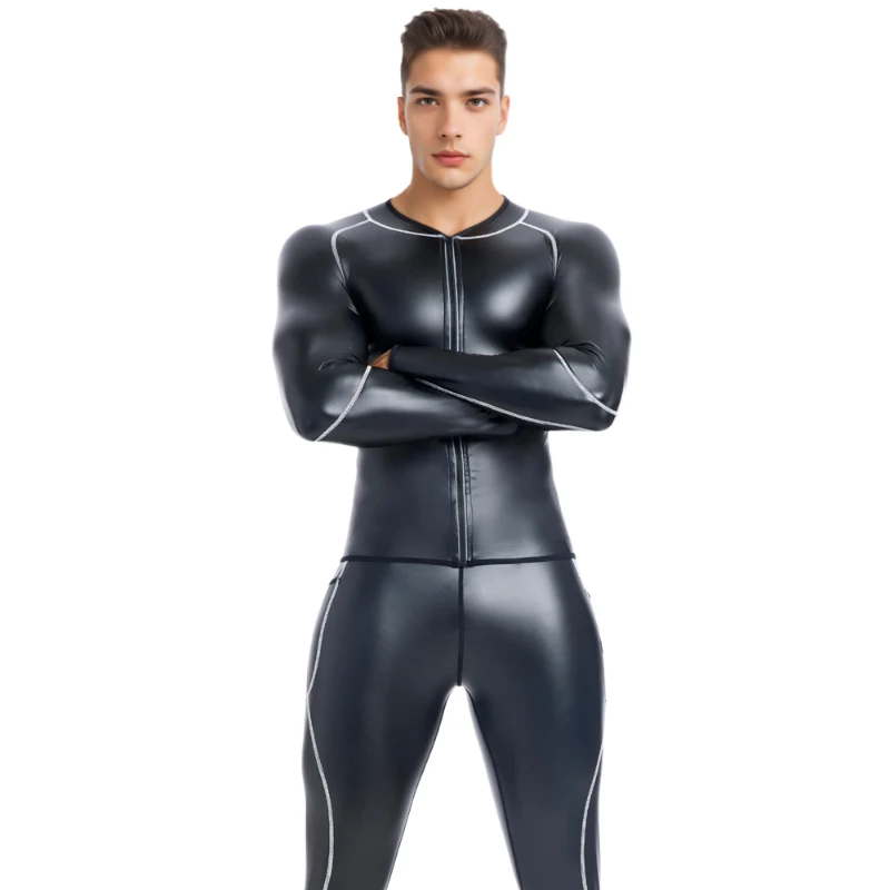 Cool Boy Waist Trainer Corsets Zipper Shirts Stand Collar Body Shaper Leather Jacket White line Faux Leather Long Sleeve Shirt