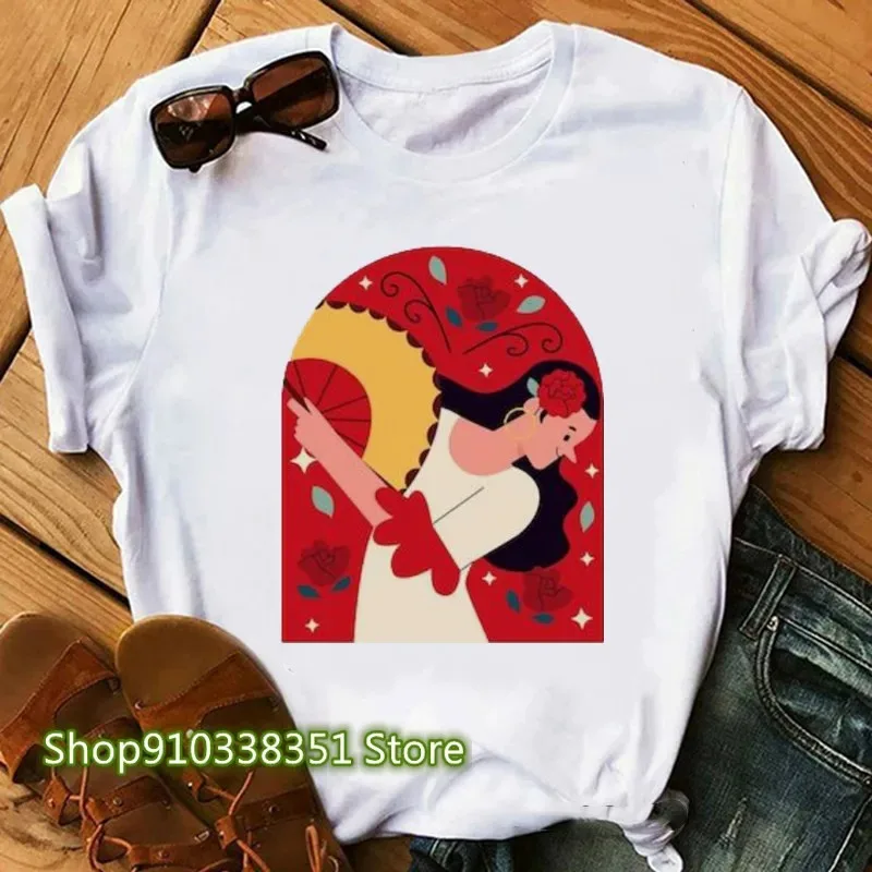 Women T Shirt Flamenco Art Print T Shirt Dancing Shirt for Lady Yong Girl Tee Tops Fashion T-shirt Harajuku White Short Sleeve