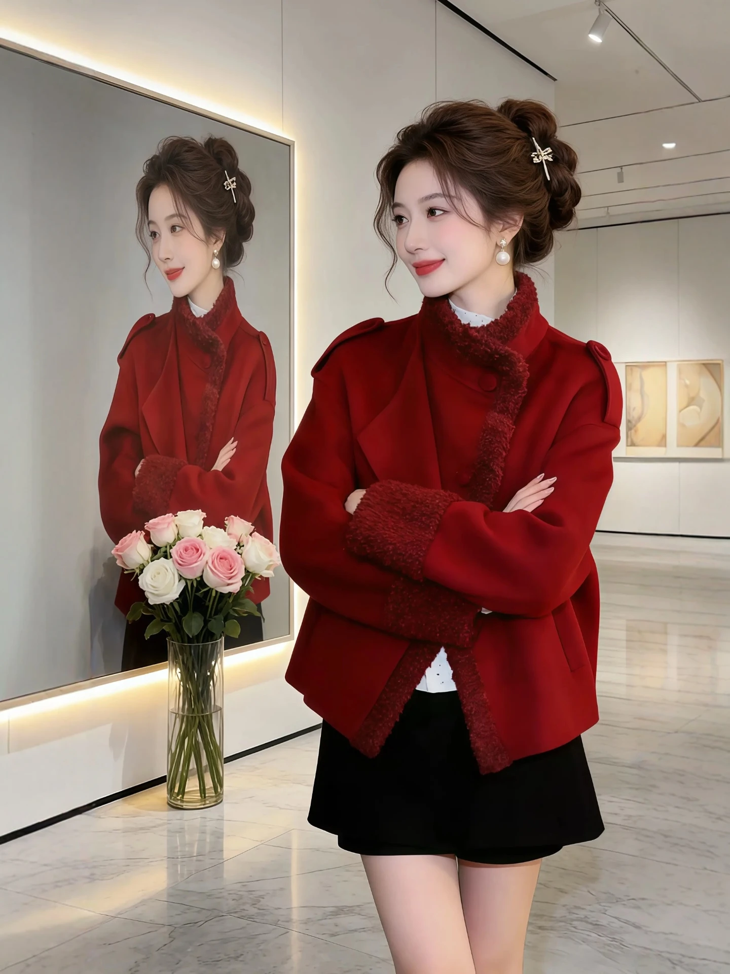 

Red ort Woolen Coat Women's Winter Large Size Micro Fat MM Collar Lamb Fur Coat New Year Aosphere Casual Loose Fit