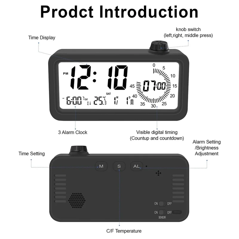 Digital Alarm Clock Visual Timer Three Sets Of Alarms Luminous Dual Display Countdown Children's Learning Time Reminder