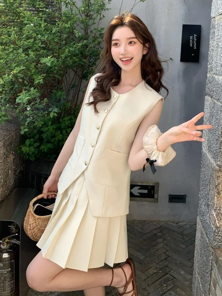 Korean High-End Fashion Set Women's Summer Old Money Style Sleeveless Vest Top Pleated Skirt Two-Piece Set Elegant Miniature ...