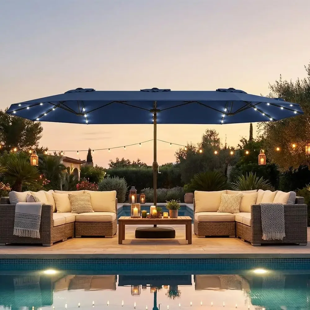 Extra-Large Double-Sided Patio Umbrella with 36 LED Lights, Vented, Crank Lift, 12 Ribs, Weighted Base, Ideal for Poolside or De