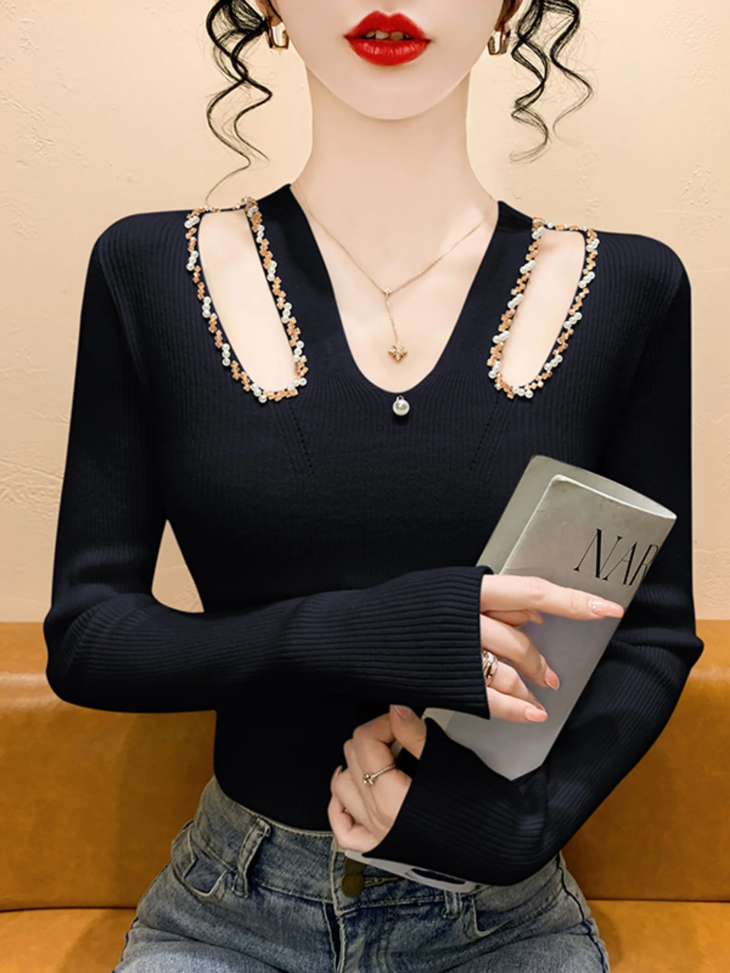 

Женский вязаный свитер V-Ne Long Sve Base irt с вырезом и жемчугом, приталенный крой, внутренняя одежда, модный топ