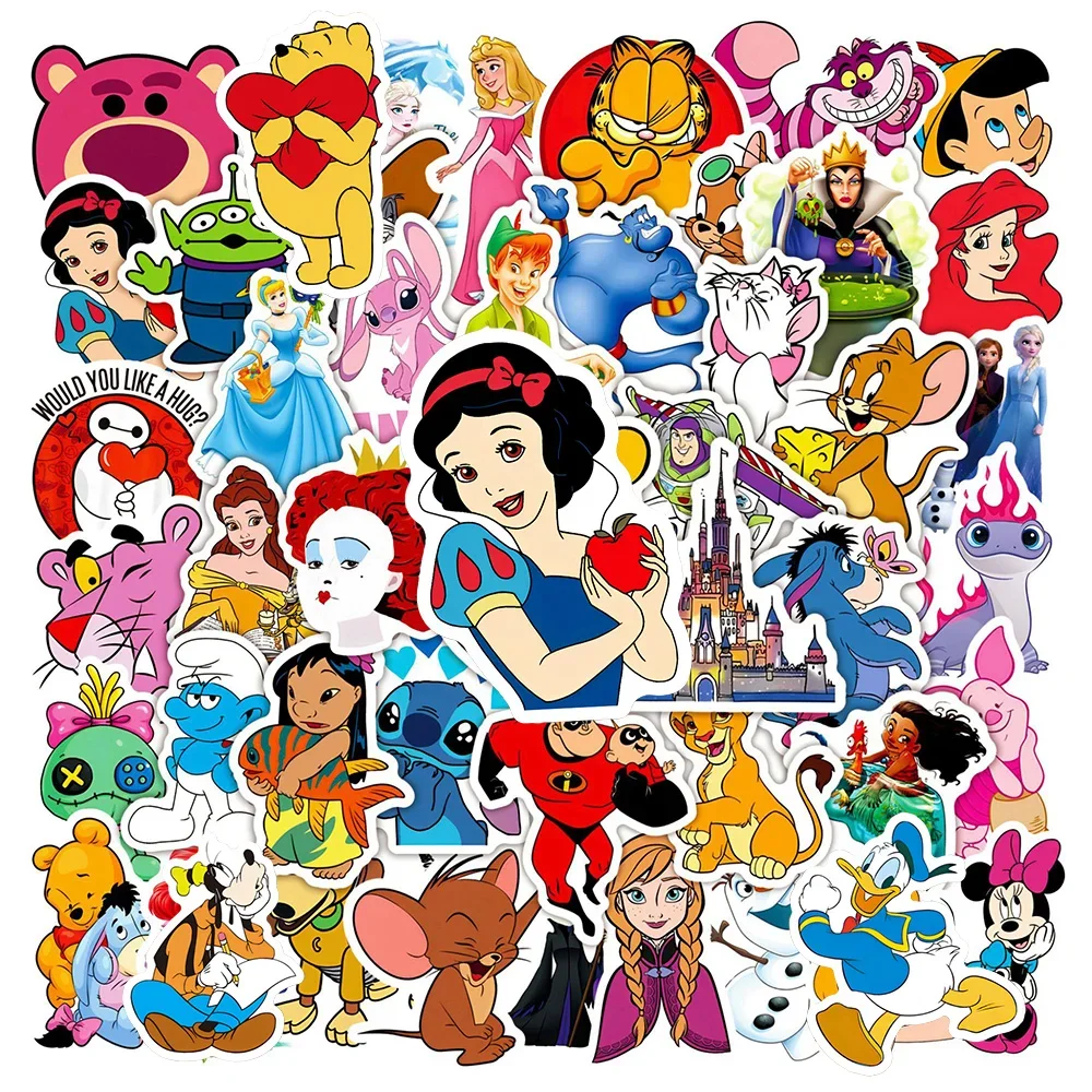 50/100pcs Disney Series Mix Cartoon Stickers for Luggage Skateboard Cute Stitch Micky Princess Waterproof Graffiti Sticker Gift