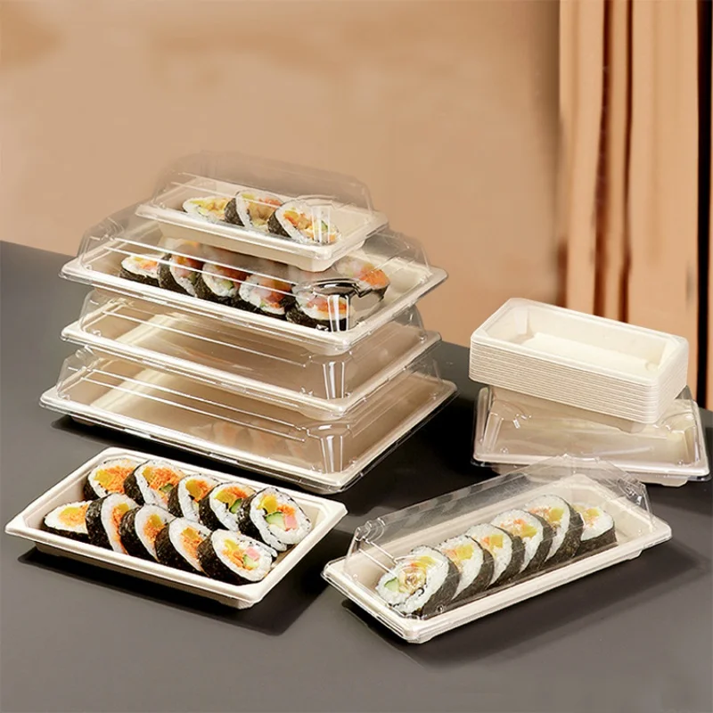 Caja de embalaje para llevar desechable, producto personalizado, rectangular, degradable, sushi japonés, pulpa de sashimi, bandeja de caña de azúcar