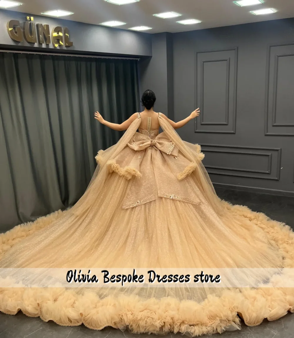 샴페인 튤 15세 퀸시에라 드레스 2026 오프숄더 비즈 장식 멕시코 생일 무도회 드레스 맞춤 제작