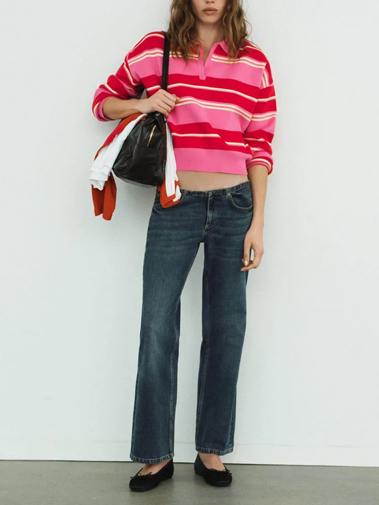 

High-End Spring Faion Long Sve Knitted Striped irt Women's Premium Quali Zipper Closure Regular Fit Knitwear