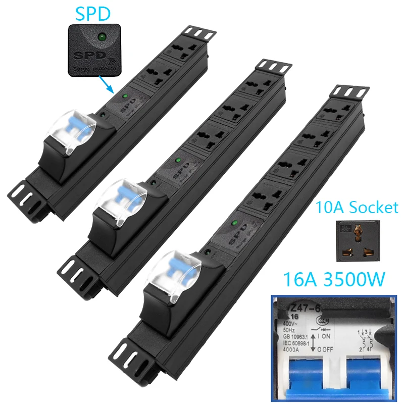 

Power Strip 3500W 16A breaker 2-10 Ways Universal Socket Outelts Wide Distance For Network Rack Power Distribution Unit