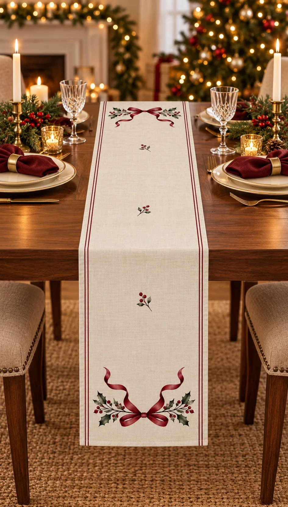Xmas Red Bow Table Runner Holly Berry Botanical Print Table Runner Christmas Dinner Farmhouse Table Decoration