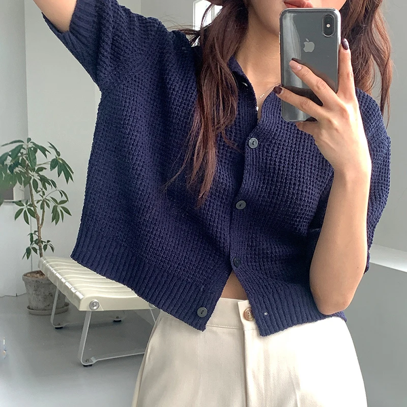Curved Bead Heavy Weightdraped Lapel Cardiganknitting Shirt Summer Wearable Cool Pure Color Short Sleeve Sweater