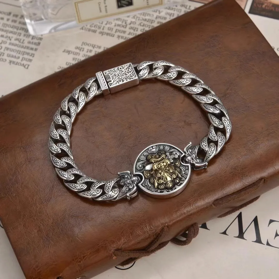 QN Silver Color Lion Bite Sword Personalized Fashion Retro Men\'s Bracelet Chain Width 10mm Bracelets Male Jewelry for Woman