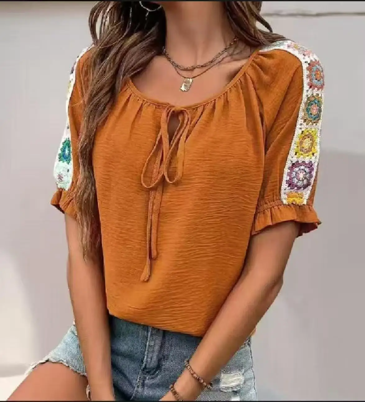 Boho Women's Blouse Tie Front Neck Short Ruffle Sleeve Ethnic Crochet Splice Casual Daily Top