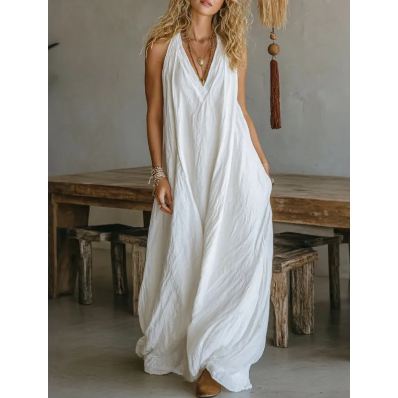 Neues Damen Ärmelloses V-Ausschnitt Casual Chic Maxikleid Frühling Sommer Mode Weißes Loses Taschenkleid Urlaubskleid Vestidos Robe
