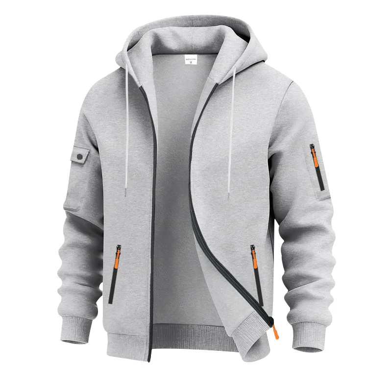 American heavy fleece sweater men's autumn and winter zipper hooded tooling commuter casual long-sleeved sweater jacket men